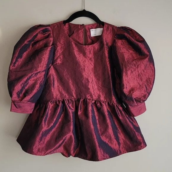 ASOS Metallic Bubble Puff Sleeve Taffeta Top Deep Red - Picture 2 of 10
